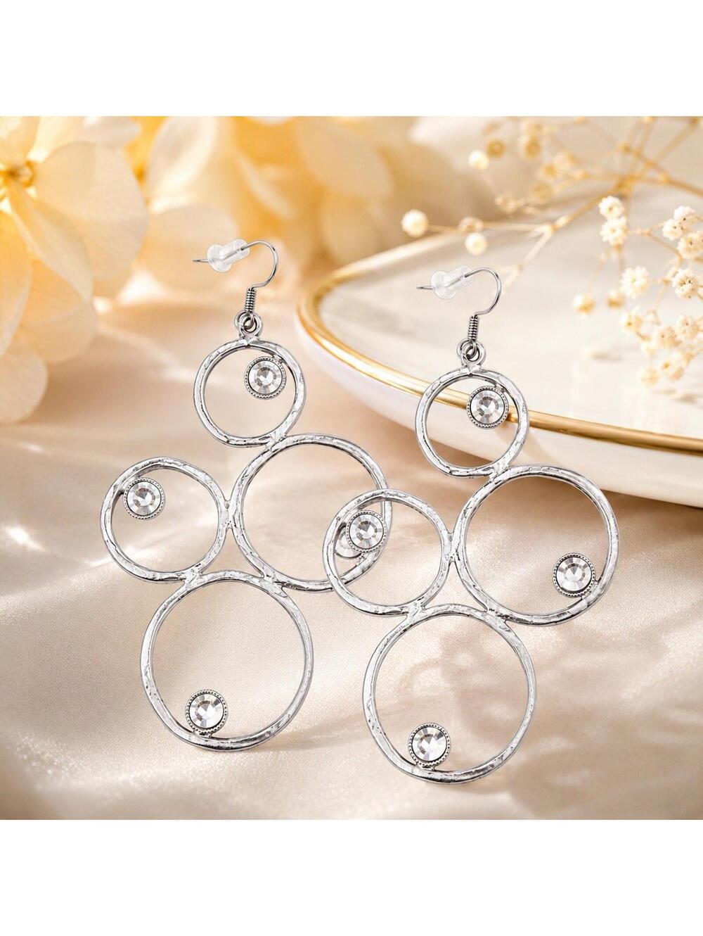 Silver Circle Crystal Dangle Earrings Geometric Statement Jewelry Gift